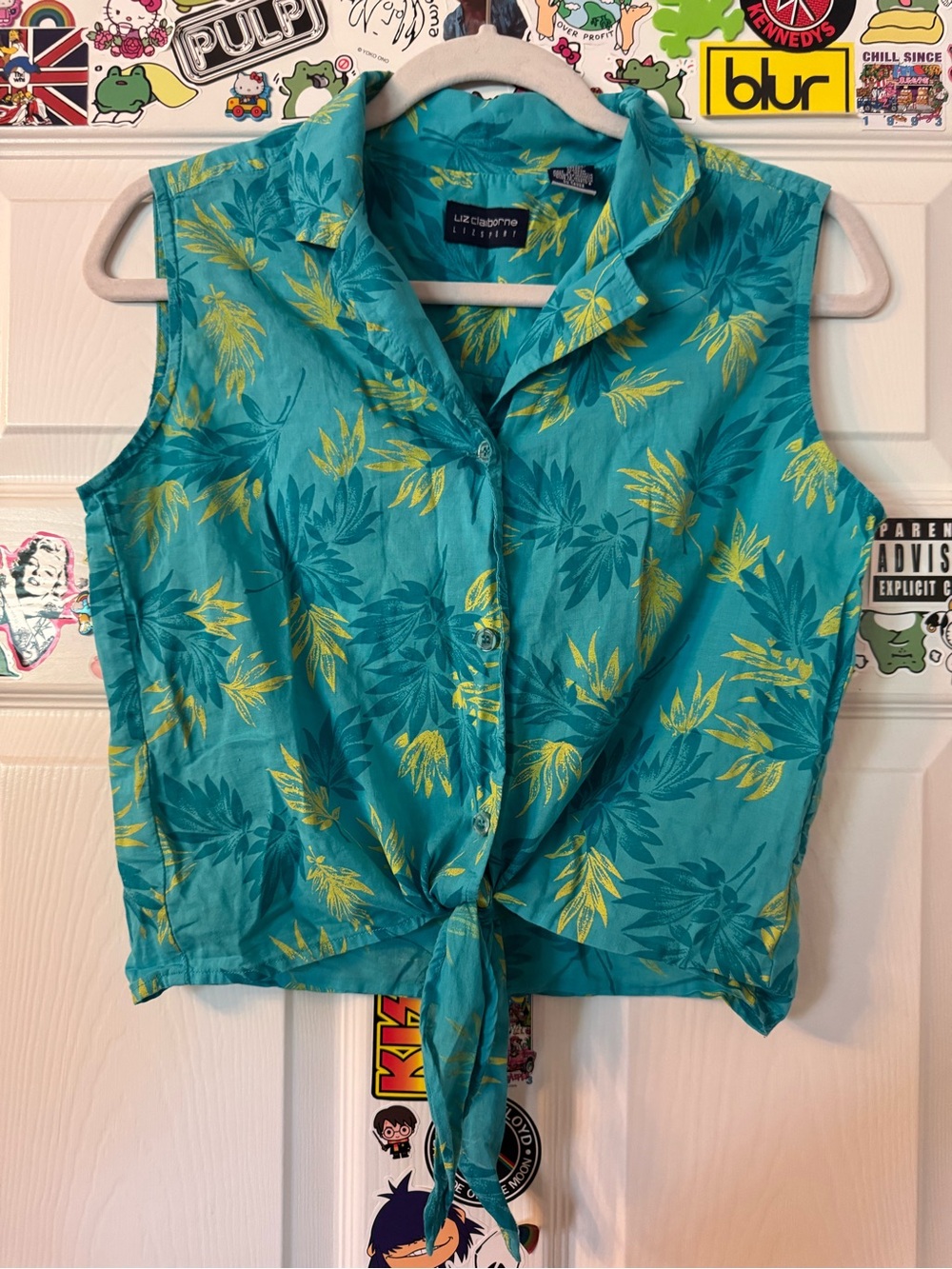 Liz Claiborne Teal and Yellow Tropical Tie-Front Sleeveless Top